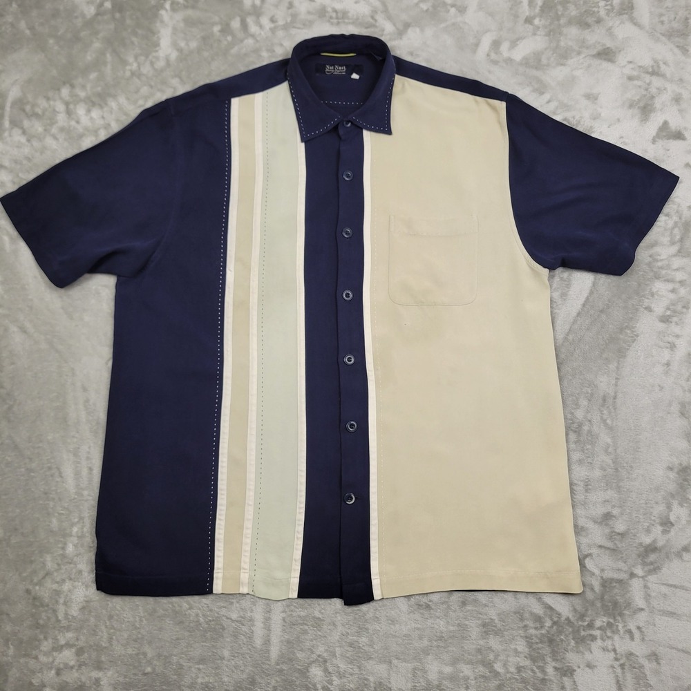 Nat Nast Luxury Originals Mens Beige Navy 100% Silk Short Sleeve Button-Up Shirt